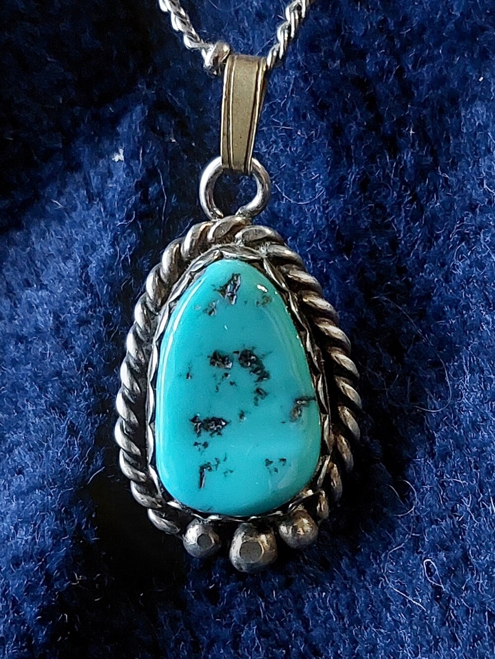 Natural Turquoise Native American Style Necklace, Handmade, Silvertone Chain
